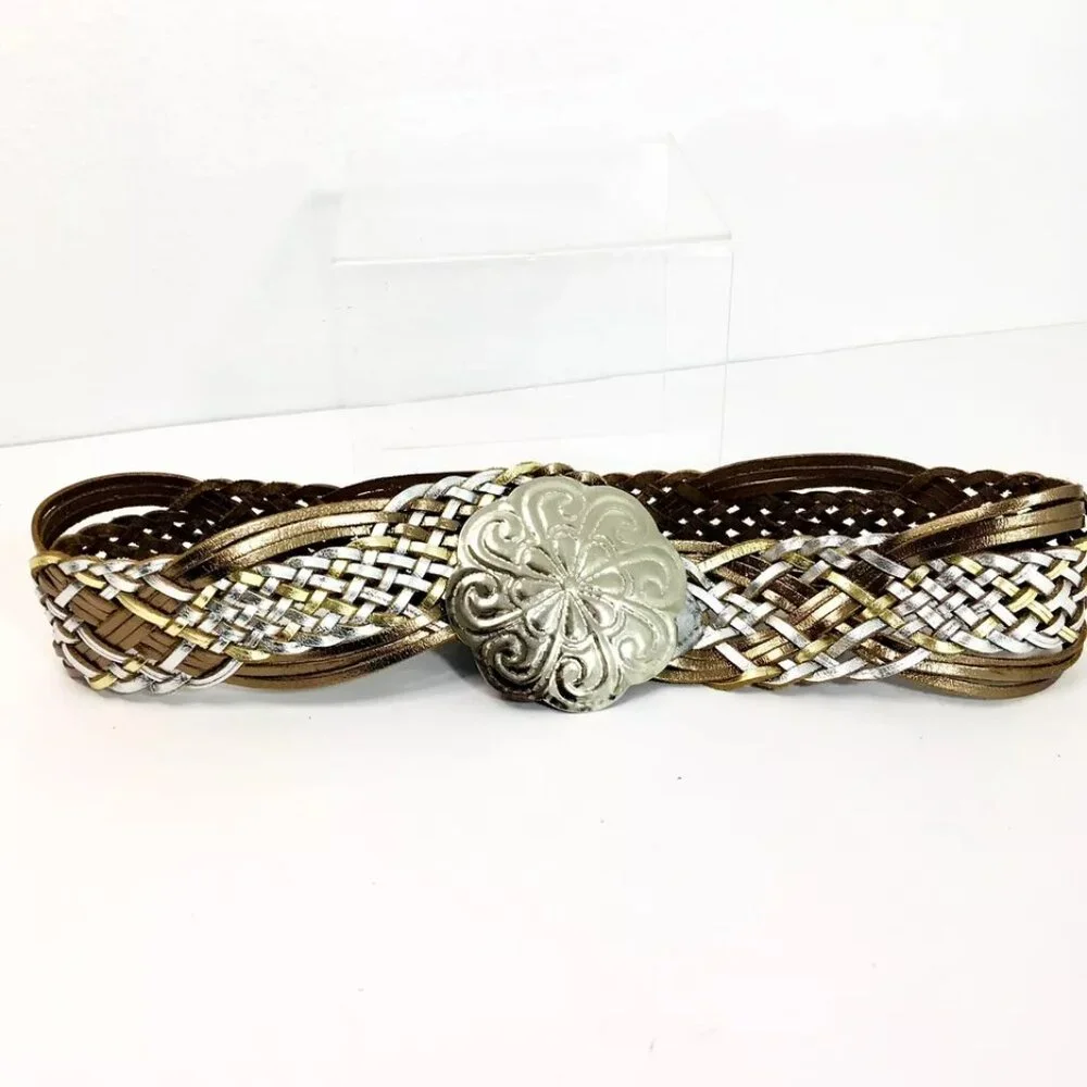 Metallic Silver Gold Braided Leather Sz S Belt 36” Large Metal Medallion Closure
